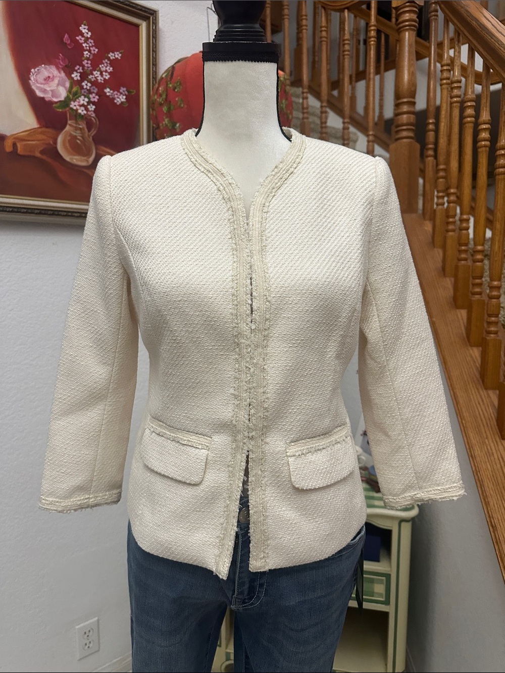 Women's BCBG Maxazria Cream Tweed Collarless Jacket